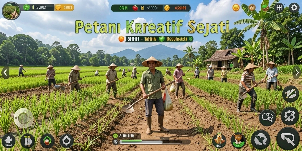 Screenshot utama menampilkan gameplay 8HHH dengan pemandangan ladang hijau.