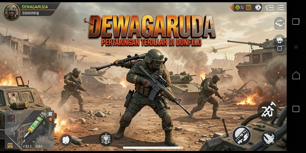 Screenshot gameplay DEWAGARUDA menunjukkan aksi seru dalam pertempuran Battle Royale.