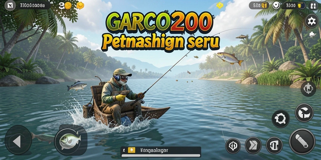 Screenshot gameplay GARCO200 menampilkan aksi memancing menarik di alam terbuka.