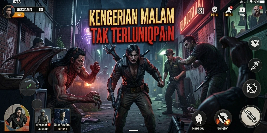 Screenshot gameplay JKT8 dengan suasana mencekam yang nyata.