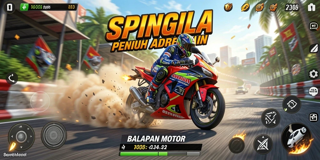 Tangkapan layar SPINGILA menampilkan aksi balapan motor yang seru dan mendebarkan.