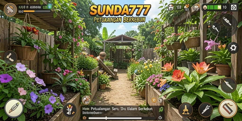 Tampilan gameplay SUNDA777 dengan kebun yang rimbun dan tanaman berwarna-warni.